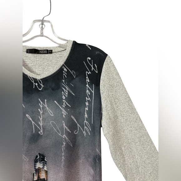 NWOT, Ness, Writing Patterned Sweater, Small, Gray & Navy - Picture 3 of 8
